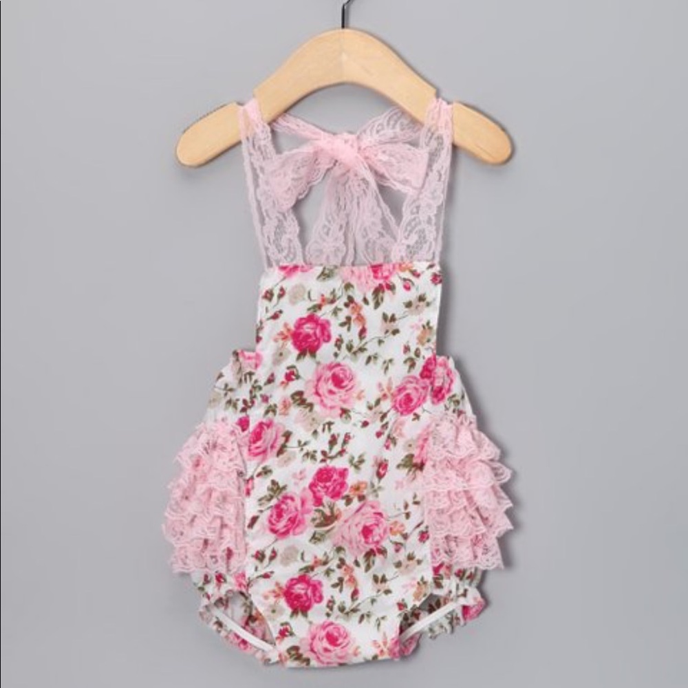 Pink floral lace romper